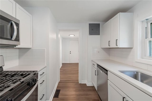 228 N 26th St, Kansas City, KS 66102 - kitchen with appliances with stainless steel finishes, electric panel, dark wood-type flooring, and white cabinetry