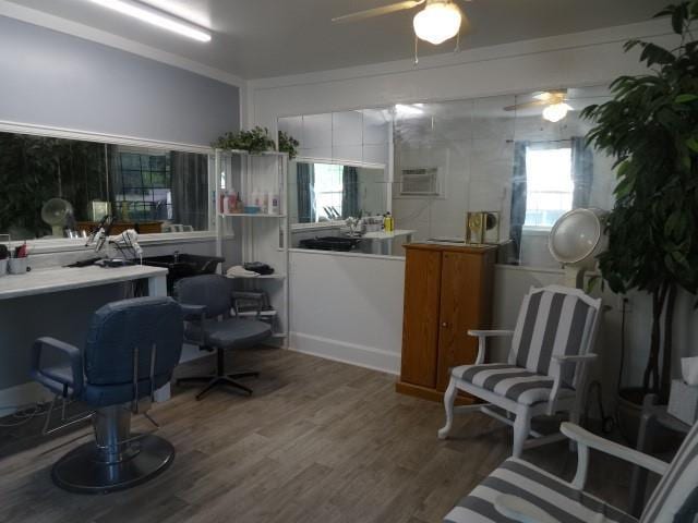 6780 SW County Road 2007th Rd, Rich Hill, MO 64779 - office with a ceiling fan, wood finished floors, and a wall mounted AC