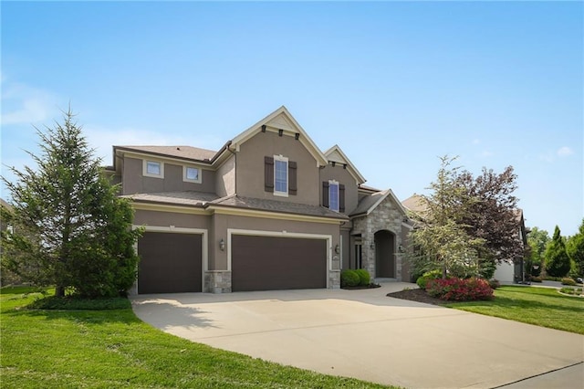 15601 Windsor St, Overland Park, KS 66224 - traditional-style house featuring a garage, stone siding, stucco siding, driveway, and a front yard