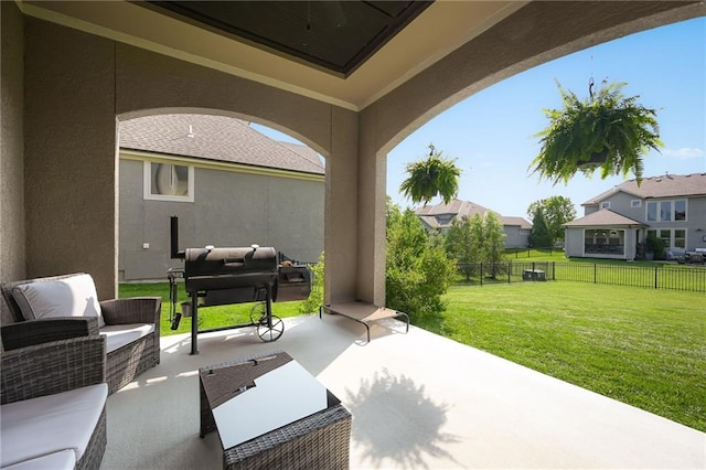 15601 Windsor St, Overland Park, KS 66224 - view of patio featuring an outdoor living space, a residential view, and grilling area
