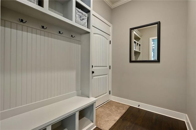 15601 Windsor St, Overland Park, KS 66224 - mudroom featuring ornamental molding, baseboards, and dark wood-style flooring