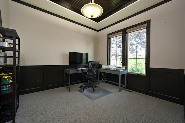 15601 Windsor St, Overland Park, KS 66224 - carpeted office space with a tray ceiling, a wainscoted wall, and a decorative wall
