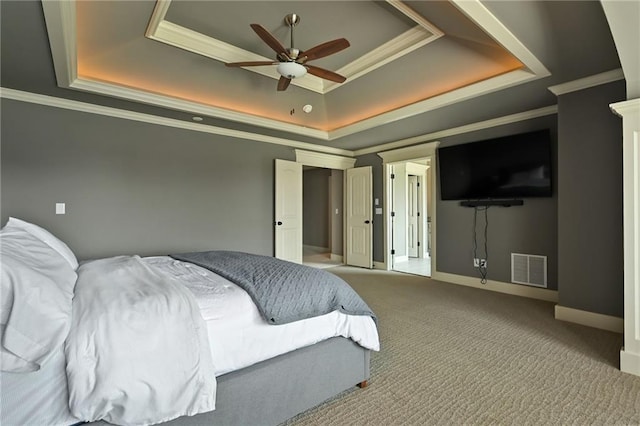 15601 Windsor St, Overland Park, KS 66224 - bedroom with a raised ceiling, crown molding, baseboards, carpet floors, and ceiling fan