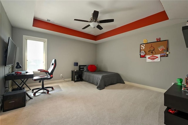 15601 Windsor St, Overland Park, KS 66224 - bedroom featuring a raised ceiling, carpet, baseboards, and ceiling fan