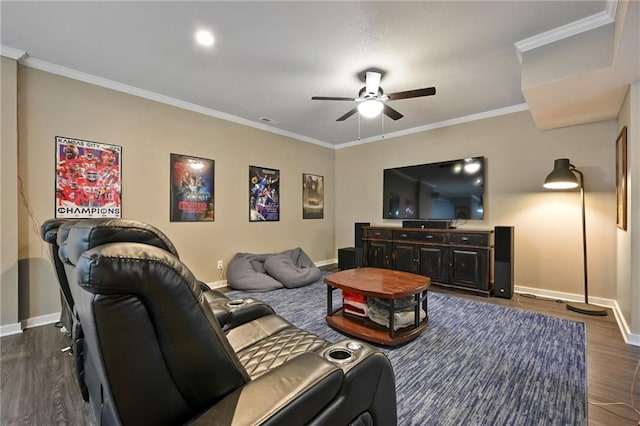 15601 Windsor St, Overland Park, KS 66224 - living area featuring ceiling fan, baseboards, dark wood finished floors, and ornamental molding