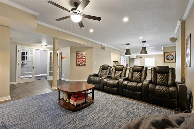 15601 Windsor St, Overland Park, KS 66224 - cinema room with crown molding, baseboards, wood finished floors, recessed lighting, and a ceiling fan