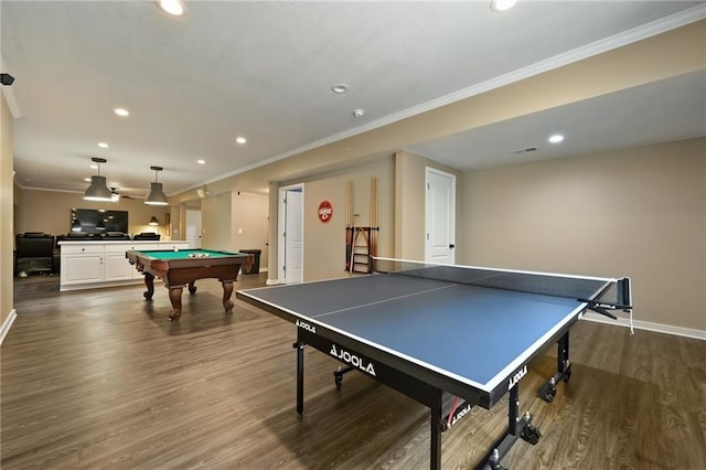 15601 Windsor St, Overland Park, KS 66224 - recreation room with recessed lighting, crown molding, billiards table, dark wood-style flooring, and baseboards