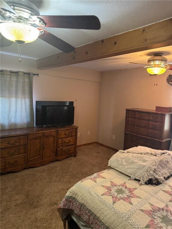 8000 County Road 43, Rosendale, MO 64483 - bedroom with carpet floors, a ceiling fan, and beam ceiling