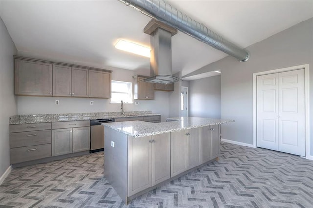 1086 SW 75 Th Rd, Holden, MO 64040 - kitchen with dishwasher, island range hood, a center island, and light stone counters