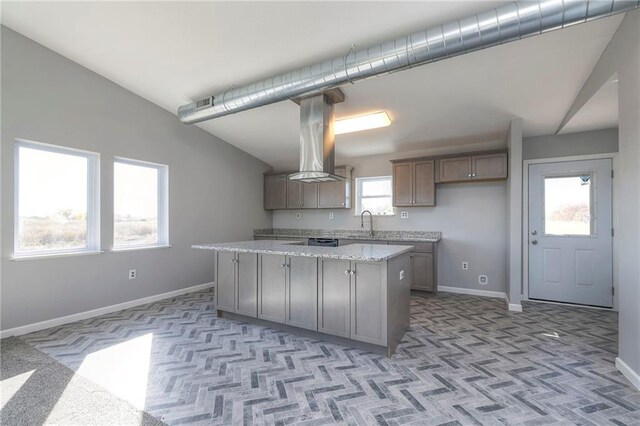 1086 SW 75 Th Rd, Holden, MO 64040 - kitchen featuring a center island, island range hood, light colored carpet, light stone counters, and dishwasher