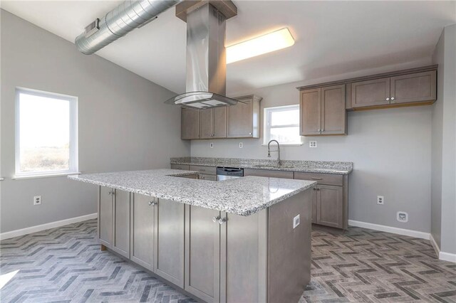 1086 SW 75 Th Rd, Holden, MO 64040 - kitchen featuring light stone counters, a kitchen island, island exhaust hood, and stainless steel dishwasher
