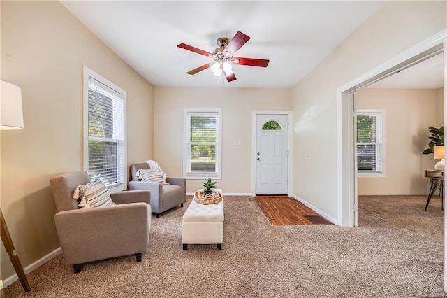 1503 S Spring St, Independence, MO 64055 - living area with carpet, healthy amount of natural light, a ceiling fan, and baseboards