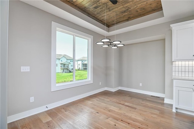 24105 W 58th Pl, Shawnee, KS 66226 - unfurnished room featuring wood ceiling, a raised ceiling, baseboards, a chandelier, and light wood-type flooring