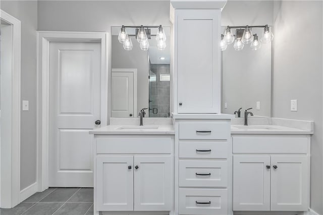 24105 W 58th Pl, Shawnee, KS 66226 - full bath featuring double vanity, tile patterned flooring, and a tile shower