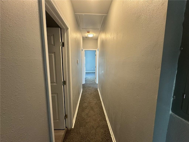 corridor with attic access, carpet, and a textured wall