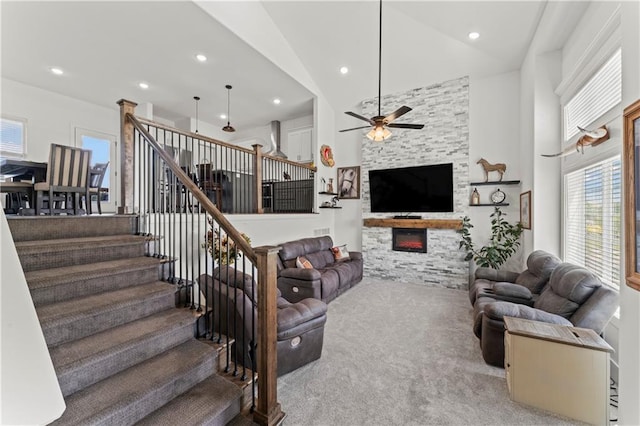 29702 W 195th St, Gardner, KS 66030 - living area with a ceiling fan, carpet floors, stairway, high vaulted ceiling, and recessed lighting