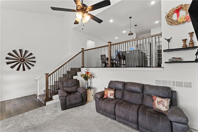 29702 W 195th St, Gardner, KS 66030 - living area featuring a ceiling fan, recessed lighting, wood finished floors, stairs, and high vaulted ceiling