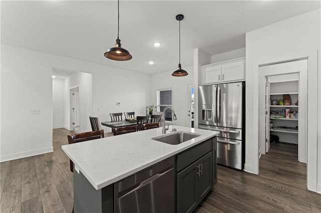 29702 W 195th St, Gardner, KS 66030 - kitchen featuring stainless steel appliances, a sink, hanging light fixtures, dark wood finished floors, and white cabinets