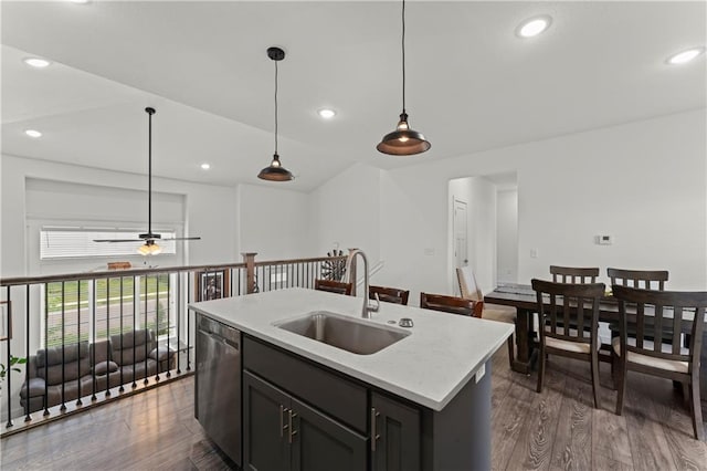 29702 W 195th St, Gardner, KS 66030 - kitchen with a sink, stainless steel dishwasher, a ceiling fan, dark wood-style floors, and decorative light fixtures