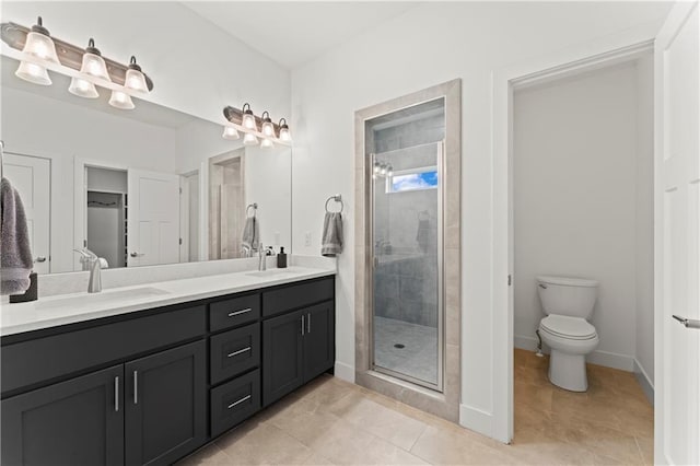 29702 W 195th St, Gardner, KS 66030 - bathroom featuring double vanity, a stall shower, tile patterned flooring, toilet, and baseboards