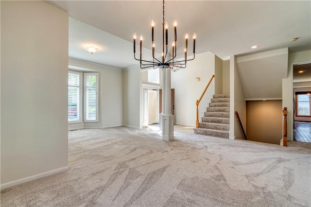 5714 Alden Ct, Shawnee, KS 66216 - unfurnished living room with light carpet, a chandelier, baseboards, ornamental molding, and stairs