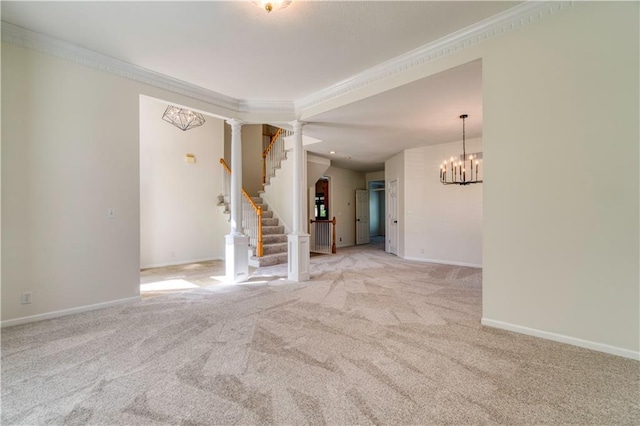 5714 Alden Ct, Shawnee, KS 66216 - carpeted empty room with a chandelier, crown molding, stairs, and baseboards