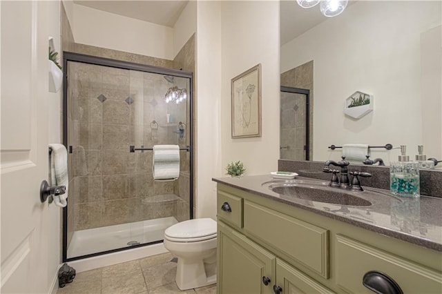 full bath with a shower stall, toilet, vanity, and tile patterned flooring