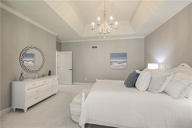 bedroom featuring a raised ceiling, ornamental molding, a chandelier, light carpet, and baseboards