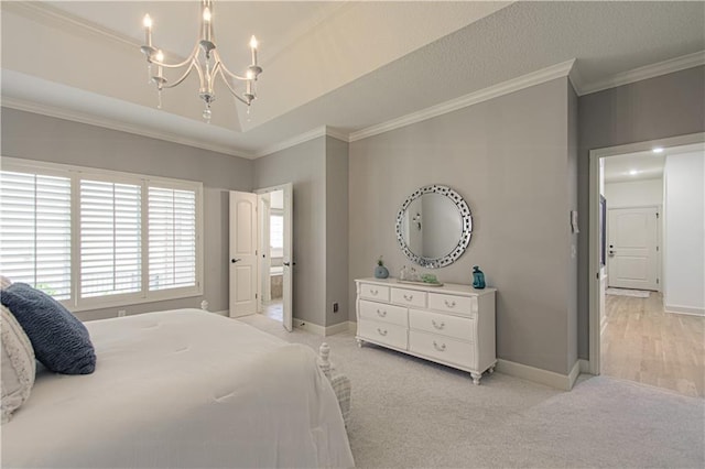 bedroom with a chandelier, crown molding, baseboards, and light carpet