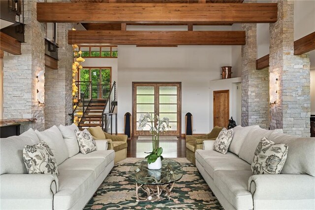 8700 Lee Blvd, Leawood, KS 66206 - living room with beamed ceiling and a towering ceiling