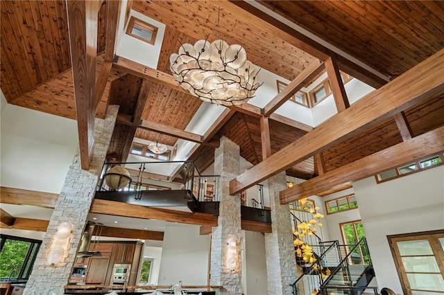 8700 Lee Blvd, Leawood, KS 66206 - detailed view of decorative columns, wood ceiling with exposed beams, and a chandelier
