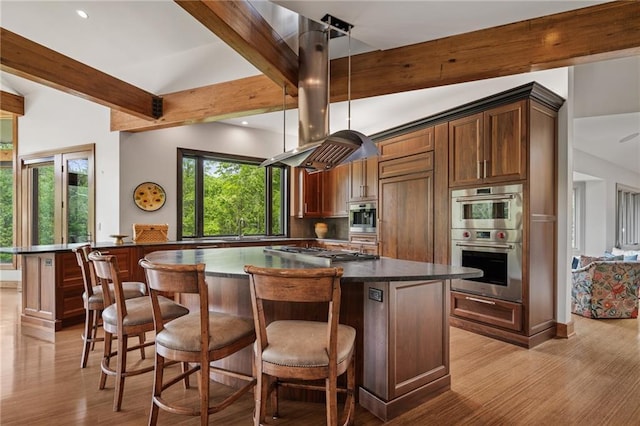 8700 Lee Blvd, Leawood, KS 66206 - kitchen featuring dark countertops, stainless steel appliances, beam ceiling, island range hood, and light wood-style flooring