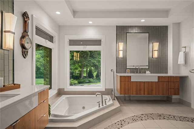 8700 Lee Blvd, Leawood, KS 66206 - full bathroom with vanity, a tub with jets, recessed lighting, and tile patterned flooring