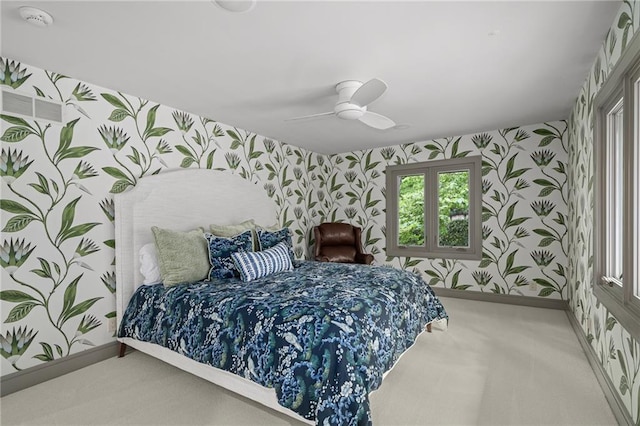 8700 Lee Blvd, Leawood, KS 66206 - carpeted bedroom featuring wallpapered walls, baseboards, and ceiling fan