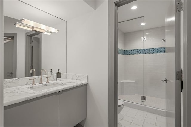 8700 Lee Blvd, Leawood, KS 66206 - full bath featuring vanity, a shower stall, toilet, tile patterned floors, and recessed lighting