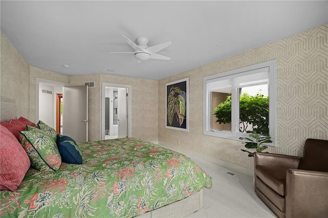8700 Lee Blvd, Leawood, KS 66206 - bedroom featuring wallpapered walls, carpet flooring, a ceiling fan, and ensuite bath