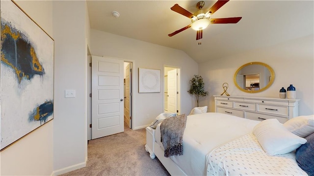540 N Pecan St, Gardner, KS 66030 - bedroom featuring light carpet, baseboards, vaulted ceiling, ensuite bathroom, and ceiling fan