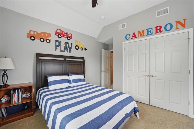 12287 S Mullen Rd, Olathe, KS 66062 - bedroom featuring carpet flooring, a closet, vaulted ceiling, and ceiling fan