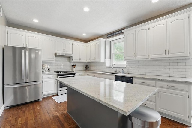 12287 S Mullen Rd, Olathe, KS 66062 - kitchen featuring appliances with stainless steel finishes, under cabinet range hood, a sink, white cabinets, and recessed lighting