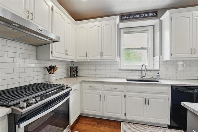 12287 S Mullen Rd, Olathe, KS 66062 - kitchen featuring stainless steel gas stove, dishwasher, a sink, under cabinet range hood, and white cabinetry