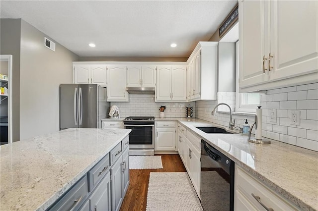 12287 S Mullen Rd, Olathe, KS 66062 - kitchen featuring appliances with stainless steel finishes, a sink, white cabinets, dark wood finished floors, and gray cabinetry