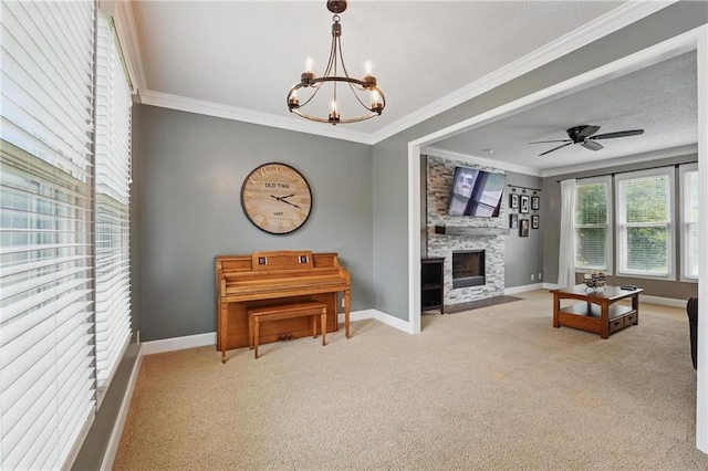 12287 S Mullen Rd, Olathe, KS 66062 - carpeted living area featuring ornamental molding, baseboards, a fireplace with flush hearth, and a chandelier