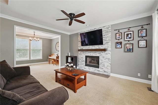 12287 S Mullen Rd, Olathe, KS 66062 - living room with carpet flooring, baseboards, crown molding, ceiling fan, and a chandelier