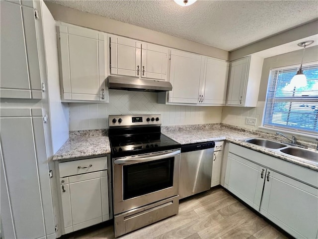 11914 E 59th Ter, Kansas City, MO 64133 - kitchen with under cabinet range hood, appliances with stainless steel finishes, a sink, light wood finished floors, and a textured ceiling