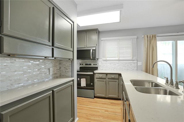 10981 Rosehill Rd, Overland Park, KS 66210 - kitchen with appliances with stainless steel finishes, a sink, gray cabinets, and light wood finished floors