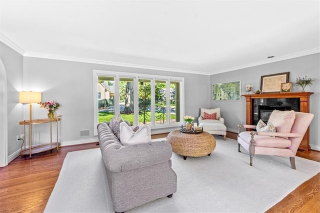 living area featuring ornamental molding, wood finished floors, baseboards, and a fireplace