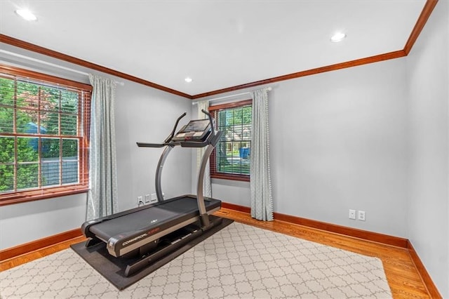 exercise room with wood finished floors, crown molding, baseboards, and recessed lighting