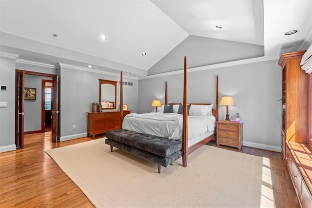 bedroom with light wood-style floors, vaulted ceiling, baseboards, recessed lighting, and ornamental molding