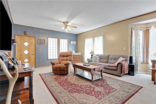 827 Pacific Ave, Osawatomie, KS 66064 - living area with a ceiling fan, carpet, a textured ceiling, and baseboards