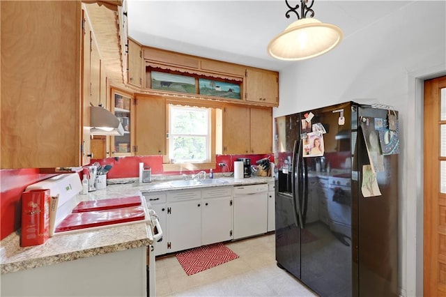 827 Pacific Ave, Osawatomie, KS 66064 - kitchen featuring white appliances, a sink, under cabinet range hood, light countertops, and glass insert cabinets
